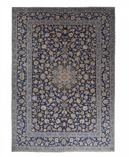 Full view of 2000s Kashan rug from Iran / Persia, 392 × 283 cm in Blue tones