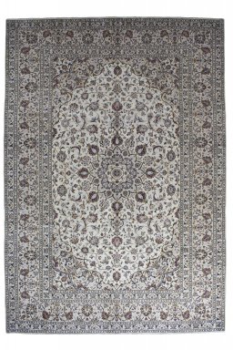 Full view of 2000s Kashan rug from Iran / Persia, 358 × 246 cm in Beige tones