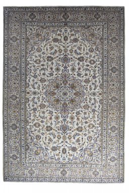 Full view of 2000s Kashan rug from Iran / Persia, 360 × 244 cm in Beige tones