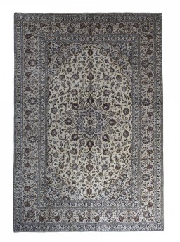 Full view of 2000s Kashan rug from Iran / Persia, 357 × 245 cm in Beige tones