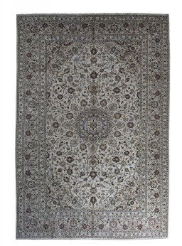 Full view of 2000s Kashan rug from Iran / Persia, 365 × 245 cm in Beige tones