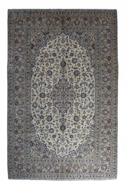 Full view of 2000s Kashan rug from Iran / Persia, 310 × 201 cm in Beige tones