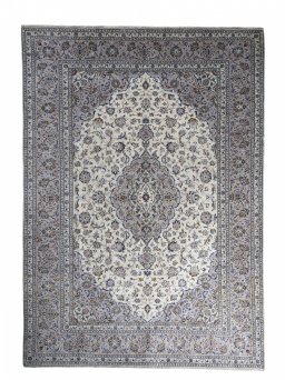 Full view of 2000s Kashan rug from Iran / Persia, 341 × 240 cm in Beige tones