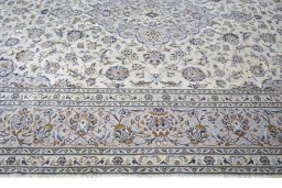 Full view of 2000s Kashan rug from Iran / Persia, 341 × 240 cm in Beige tones