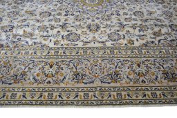 Full view of 2000s Kashan rug from Iran / Persia, 352 × 248 cm in Beige tones