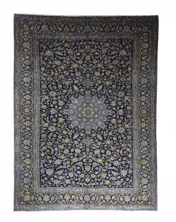 Full view of 2000s Kashan rug from Iran / Persia, 408 × 294 cm in Blue tones