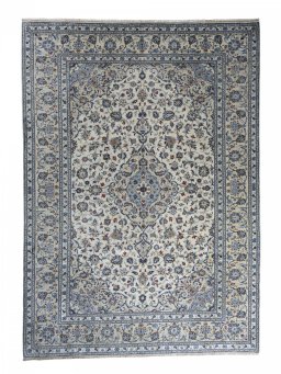Full view of 2000s Kashan rug from Iran / Persia, 353 × 251 cm in Beige tones