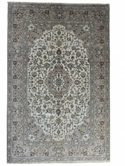 Full view of 2000s Kashan rug from Iran / Persia, 303 × 198 cm in Beige tones