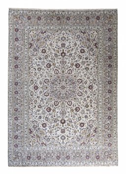Full view of 2000s Kashan rug from Iran / Persia, 348 × 247 cm in Beige tones