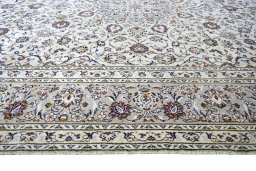 Full view of 2000s Kashan rug from Iran / Persia, 348 × 247 cm in Beige tones