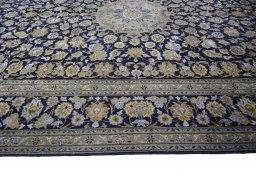 Full view of 2000s Kashan rug from Iran / Persia, 398 × 300 cm in Blue tones