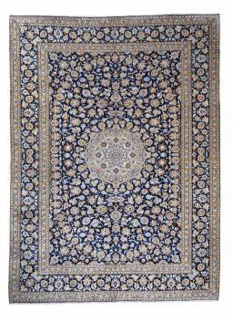 Full view of 2000s Kashan rug from Iran / Persia, 415 × 305 cm in Blue tones