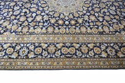 Full view of 2000s Kashan rug from Iran / Persia, 415 × 305 cm in Blue tones