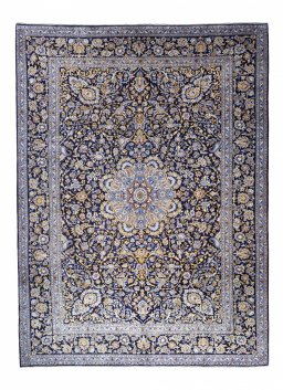 Full view of 2000s Kashan rug from Iran / Persia, 405 × 300 cm in Blue tones
