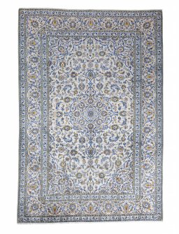Full view of 2000s Kashan rug from Iran / Persia, 357 × 245 cm in Beige tones