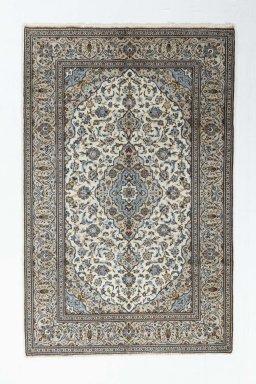 Full view of 2000s Kashan rug from Iran / Persia, 300 × 195 cm in Beige tones