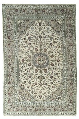 Full view of 2000s Kashan rug from Iran / Persia, 300 × 198 cm in Beige tones