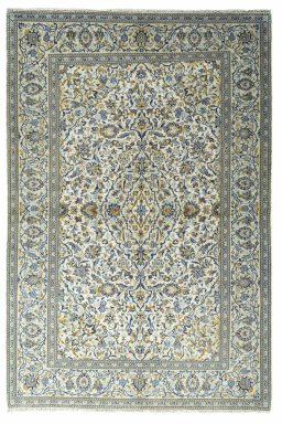 Full view of New Kashan rug from Iran / Persia, 210 × 140 cm in Beige tones