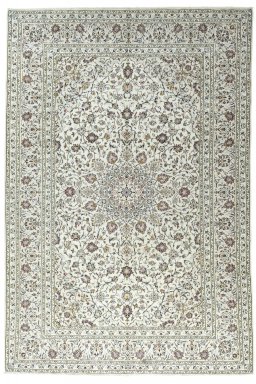 Full view of 2000s Kashan rug from Iran / Persia, 360 × 245 cm in Beige tones