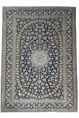 Full view of 2000s Kashan rug from Iran / Persia, 425 × 300 cm in Blue tones