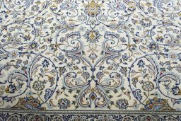 Full view of 2000s Kashan rug from Iran / Persia, 395 × 298 cm in Beige tones