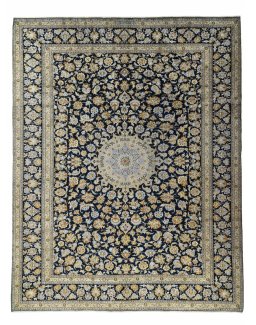 Full view of 2000s Kashan rug from Iran / Persia, 390 × 302 cm in Blue tones