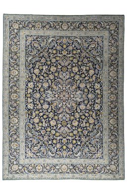 Full view of 2000s Kashan rug from Iran / Persia, 418 × 309 cm in Blue tones