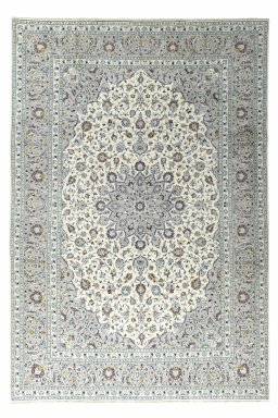 Full view of New Kashan rug from Iran / Persia, 362 × 248 cm in Beige tones