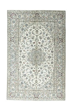 Full view of 2000s Kashan rug from Iran / Persia, 297 × 194 cm in Beige tones