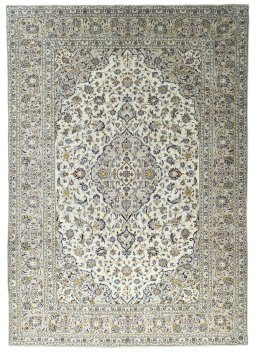 Full view of 2000s Kashan rug from Iran / Persia, 352 × 248 cm in Beige tones
