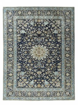 Full view of 2000s Kashan rug from Iran / Persia, 409 × 315 cm in Blue tones