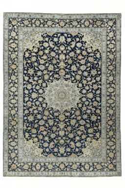 Full view of 2000s Kashan rug from Iran / Persia, 356 × 258 cm in Blue tones