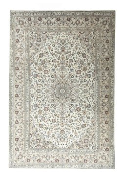Full view of 2000s Kashan rug from Iran / Persia, 361 × 243 cm in Beige tones