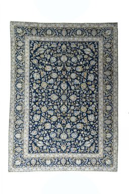 Full view of 2000s Kashan rug from Iran / Persia, 335 × 246 cm in Blue tones