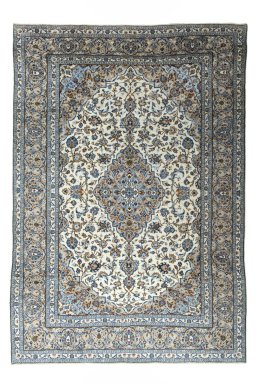 Full view of 2000s Kashan rug from Iran / Persia, 350 × 242 cm in Beige tones