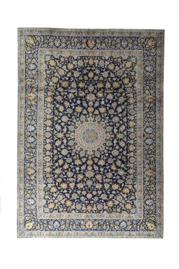 Full view of 2000s Kashan rug from Iran / Persia, 386 × 271 cm in Blue tones
