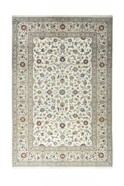 Full view of 2000s Kashan rug from Iran / Persia, 296 × 198 cm in Beige tones