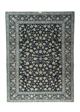 Full view of 2000s Kashan rug from Iran / Persia, 393 × 294 cm in Blue tones