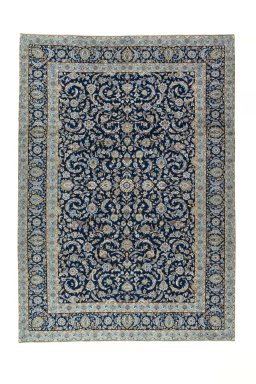 Full view of 2000s Kashan rug from Iran / Persia, 408 × 291 cm in Blue tones