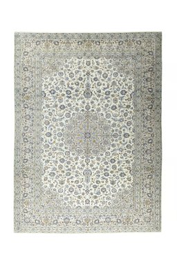 Full view of 2000s Kashan rug from Iran / Persia, 411 × 303 cm in Beige tones