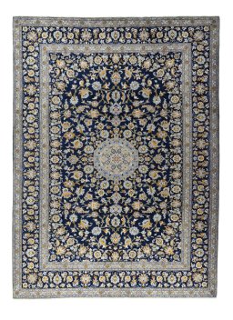 Full view of 2000s Kashan rug from Iran / Persia, 374 × 276 cm in Blue tones