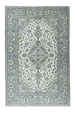 Full view of 2000s Kashan rug from Iran / Persia, 300 × 196 cm in Beige tones