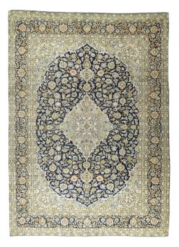 Full view of 2000s Kashan rug from Iran / Persia, 408 × 296 cm in Blue tones