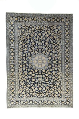 Full view of 2000s Kashan rug from Iran / Persia, 413 × 295 cm in Blue tones