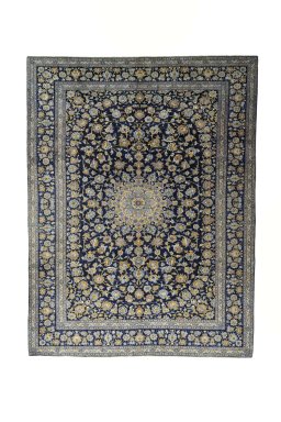 Full view of 2000s Kashan rug from Iran / Persia, 395 × 302 cm in Blue tones