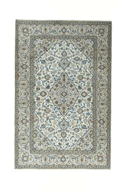 Full view of 2000s Kashan rug from Iran / Persia, 296 × 194 cm in Beige tones