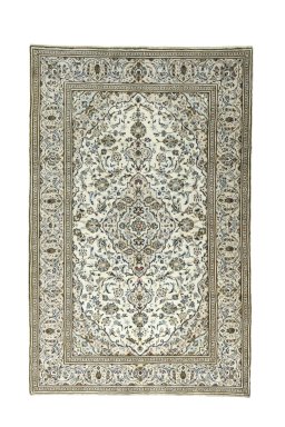 Full view of 2000s Kashan rug from Iran / Persia, 307 × 197 cm in Beige tones