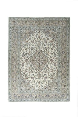 Full view of 2000s Kashan rug from Iran / Persia, 337 × 245 cm in Beige tones
