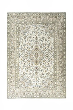 Full view of 2000s Kashan rug from Iran / Persia, 354 × 245 cm in Beige tones