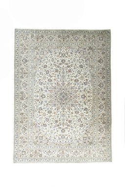 Full view of 2000s Kashan rug from Iran / Persia, 396 × 291 cm in Beige tones